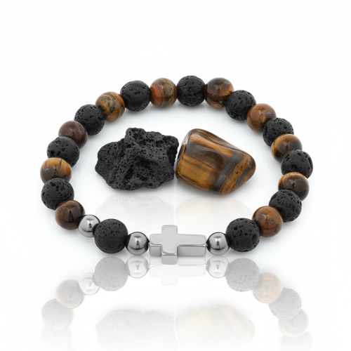 Bransoletka różańcowa Lawa Wulkaniczna & Tygrysie Oko SacraStone™ AVE MARIA – męska dziesiątka różańca.