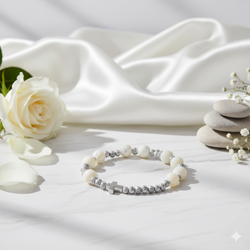 Dziesiątka różańca z masy perłowej – subtelna i jasna biżuteria duchowa.