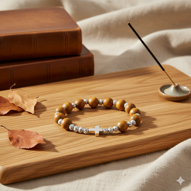 Struktura naturalnego sandałowca – zbliżenie koralików bransoletki AVE MARIA w aranżacji