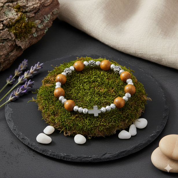 Róża papieska i złocisty odcień drewna – makrofotografia detalu bransoletki różańcowej.