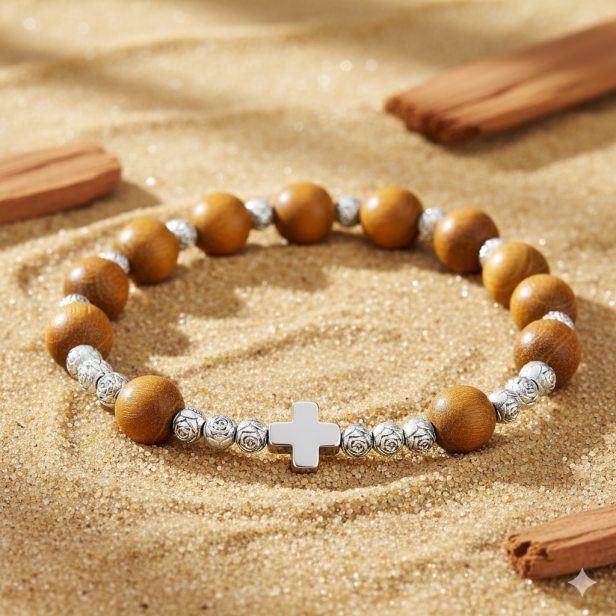 Bransoletka sandałowiec – złociste koraliki w minimalistycznym, ciepłym ujęciu.