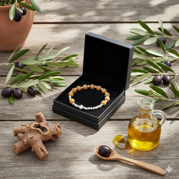 Dziesiątka różańca z sandałowca – naturalna i jasna biżuteria duchowa w kompozycji w etui