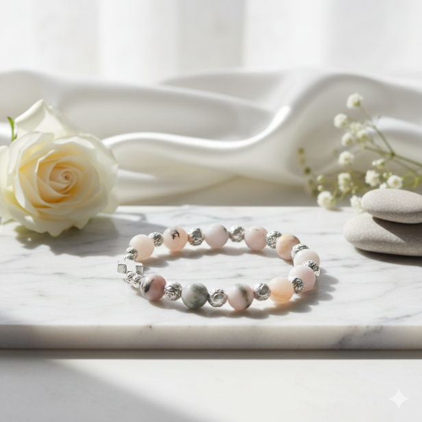 Detal róży papieskiej i opalu różowego – zbliżenie elementów bransoletki.