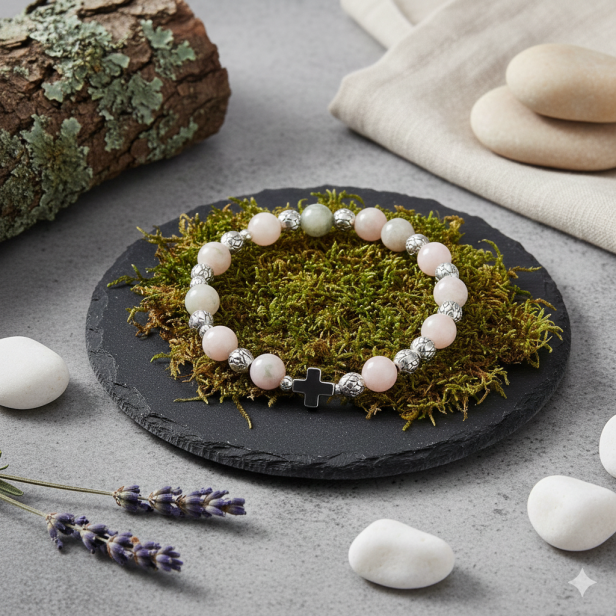 Różaniec na rękę Opal Różowy – detal koralików i róży papieskiej w świetle naturalnym.