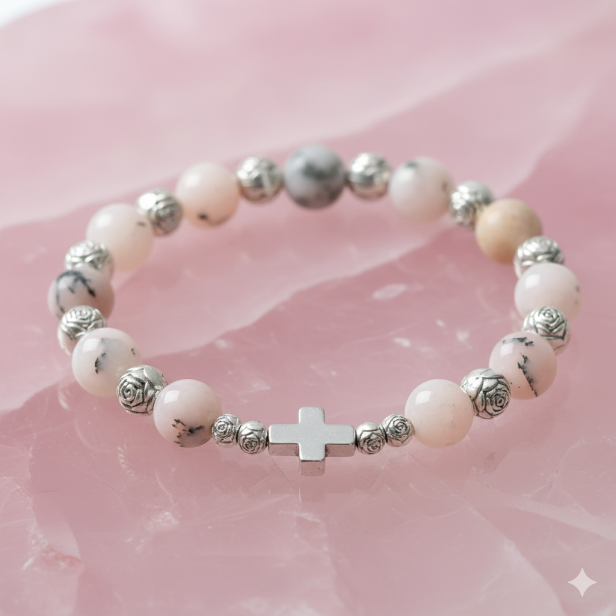 Pastelowa struktura opalu różowego – makrofotografia polerowanych koralików.