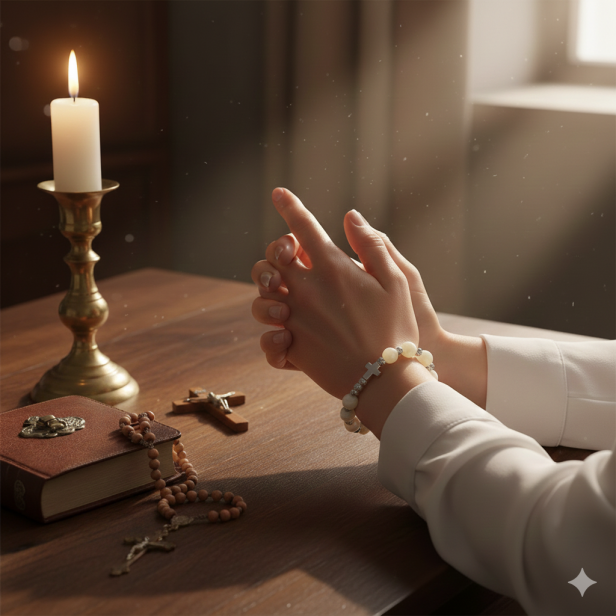 Dziesiątek różańca z opalu różowego – pastelowa duchowa biżuteria w aranżacji.