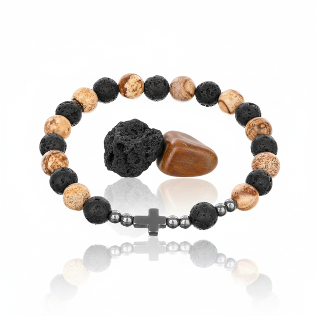 Bransoletka różańcowa Lawa Wulkaniczna & Jaspis SacraStone™ AVE MARIA – męska, naturalna dziesiątka różańca.