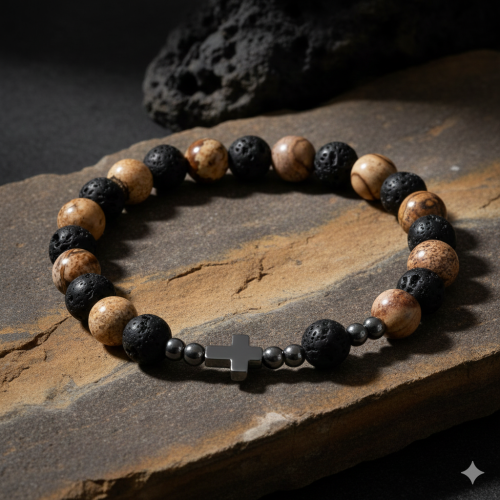 Porowata struktura lawy wulkanicznej – makrofotografia koralików bransoletki.