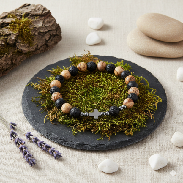 Jaspis – ziemiste wzory kamienia i detal róży papieskiej w zbliżeniu.