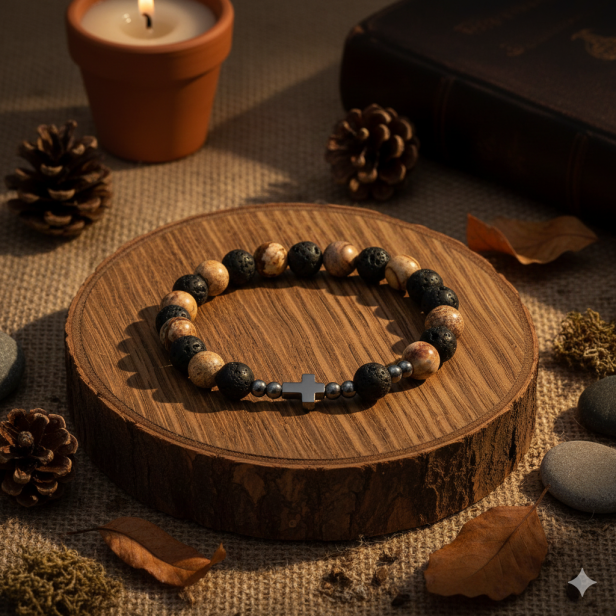 Różaniec na rękę Lawa & Jaspis – detal kamieni i róży papieskiej w świetle naturalnym.