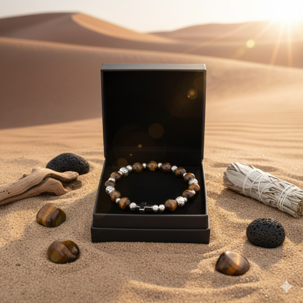 Detal róży papieskiej i polerowanych koralików Tygrysiego Oka w etui