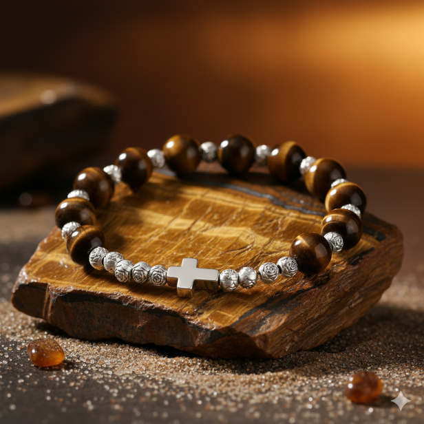 Bransoletka z Tygrysiego Oka – złote refleksy i naturalne pasma kamienia w aranżacji.