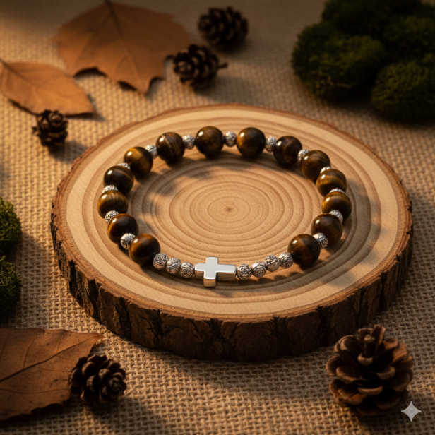 Różaniec na rękę Tygrysie Oko – detal koralików i róży papieskiej w naturalnym świetle.