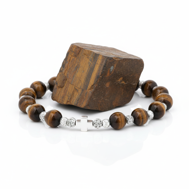 Bransoletka różańcowa Tygrysie Oko SacraStone™ AVE MARIA – elegancki dziesiątek różańca.