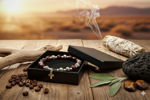 Różaniec na rękę Mahoń – detal drewnianych koralików i róży papieskiej w etui