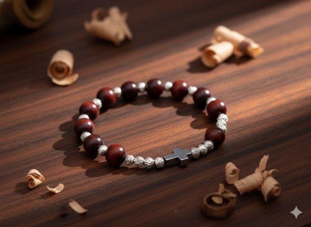 Detal róży papieskiej i naturalnych koralików mahoniowych.