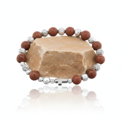 Bransoletka różańcowa Piasek Pustyni SacraStone™ AVE MARIA – złocisty dziesiątek różańca.