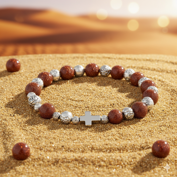 Bransoletka z kamienia tysiąca słońc – połyskujące drobinki w słonecznej aranżacji.