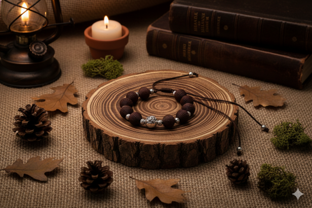 Bransoletka drewniana na sznurku – surowy, naturalny styl.