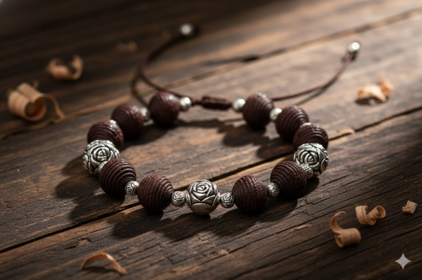 Detal węzła sznurka i koralika róży papieskiej w drewnianej bransoletce.