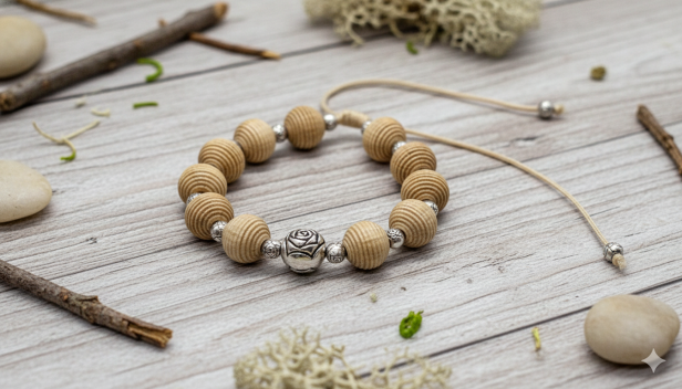 Detal regulowanego sznurka i koralika róży papieskiej.