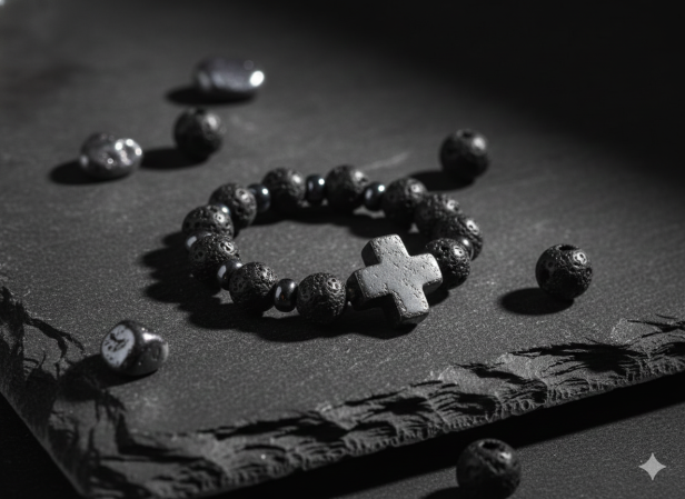 Pierścionek-różaniec z lawy wulkanicznej i hematytu – naturalna kompozycja.