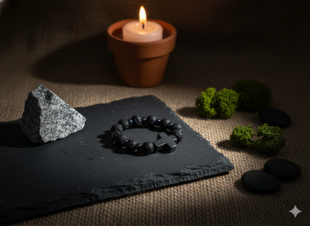 Dziesiątek różańca na palec – porowata lawa i hematytowy krzyżyk.