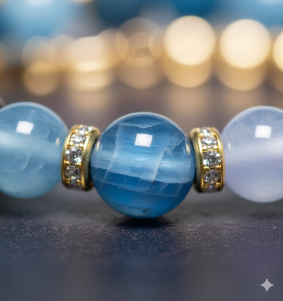 zbliżenie naturalnych koralików awenturynu – niebieskie i szarobłękitne odcienie.