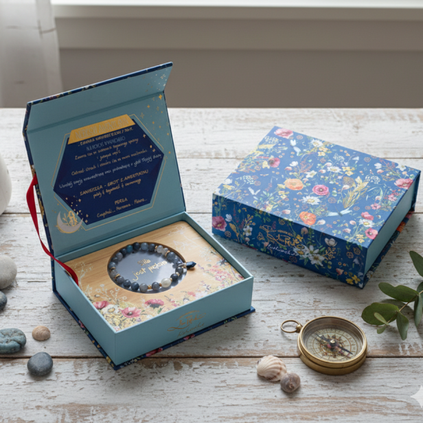 Bambusowa taca z błękitną bransoletką – delikatna aranżacja.