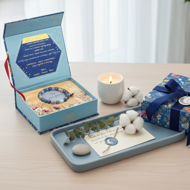 Kompozycja: bransoletka, taca i pudelko w pastelowym błękicie.