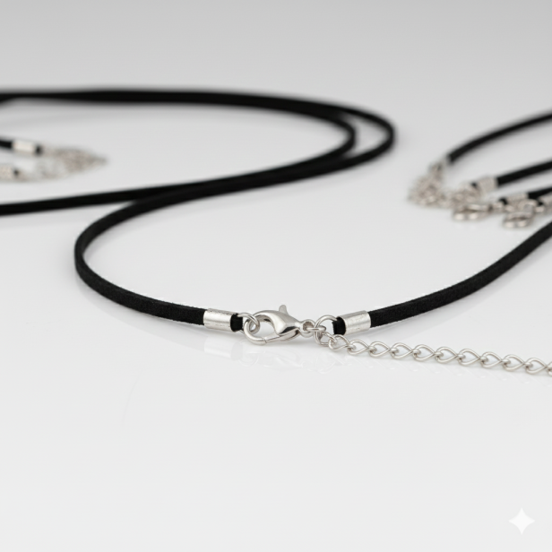 Zbliżenie na stalowe zapięcie naszyjnika – rzemyk prosty.