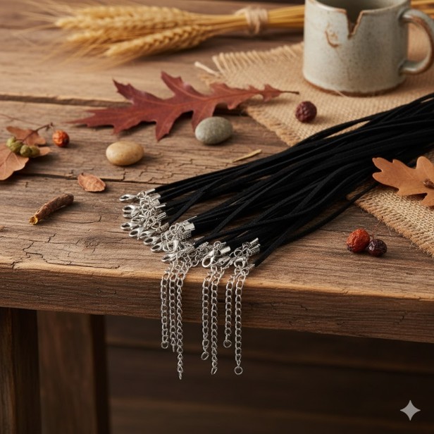 Rzemyk prosty czarny – naszyjnik 53 cm ze stali szlachetnej w aranżacji