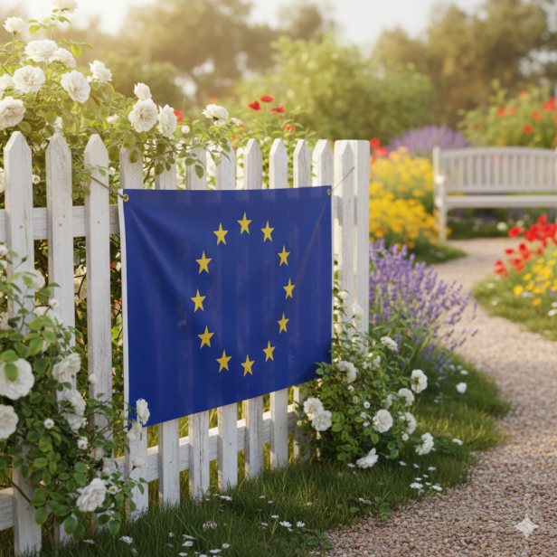 Flaga UE na ogrodzeniu – dekoracyjna ekspozycja w plenerze.