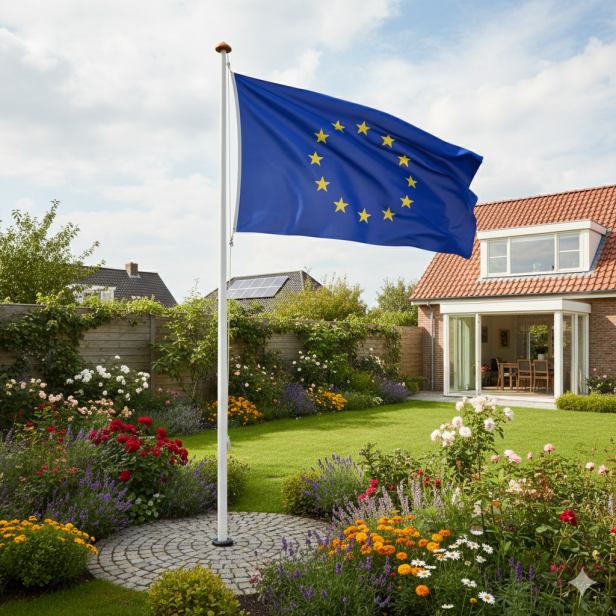 Flaga Unii Europejskiej przed budynkiem – ekspozycja zewnętrzna.