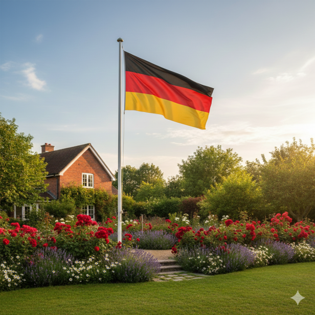 Flaga Niemiec powiewająca na maszcie na tle parku – ujęcie outdoor.