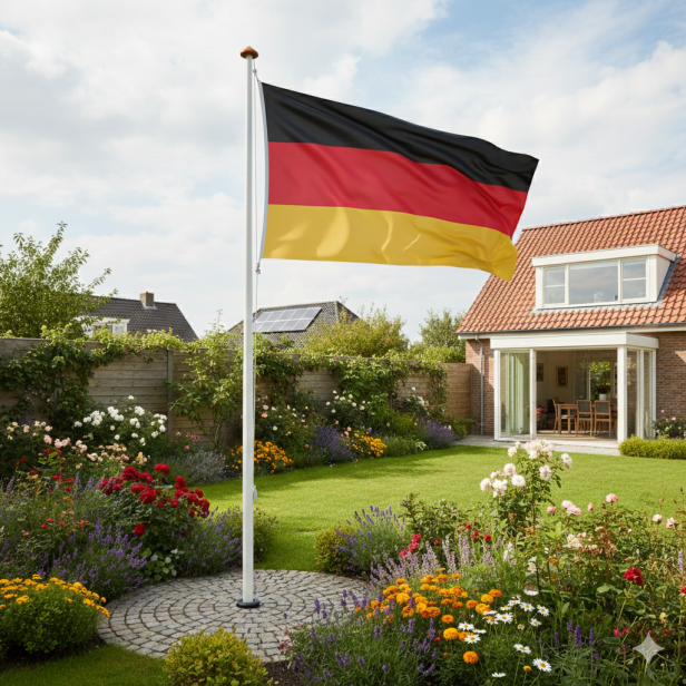 Flaga RFN przed budynkiem – ekspozycja zewnętrzna.