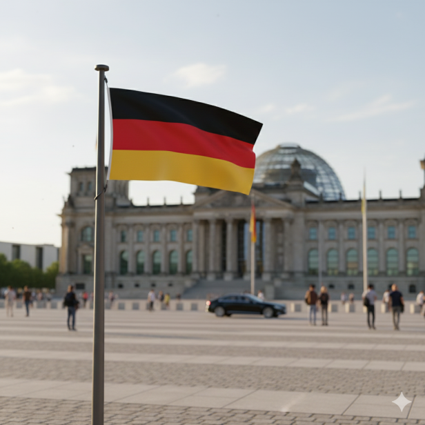 Flaga Niemiec na wysokim maszcie – dynamiczne ujęcie na tle nieba.