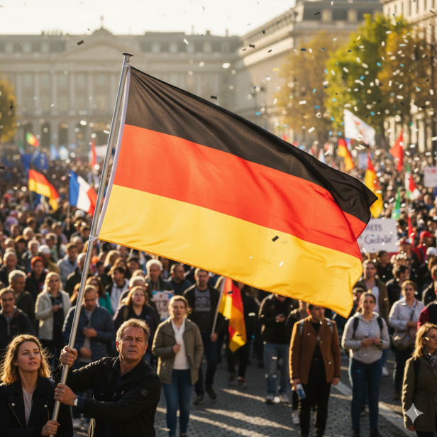 Flaga Niemiec w tłumie – symbol jedności podczas wydarzenia publicznego.