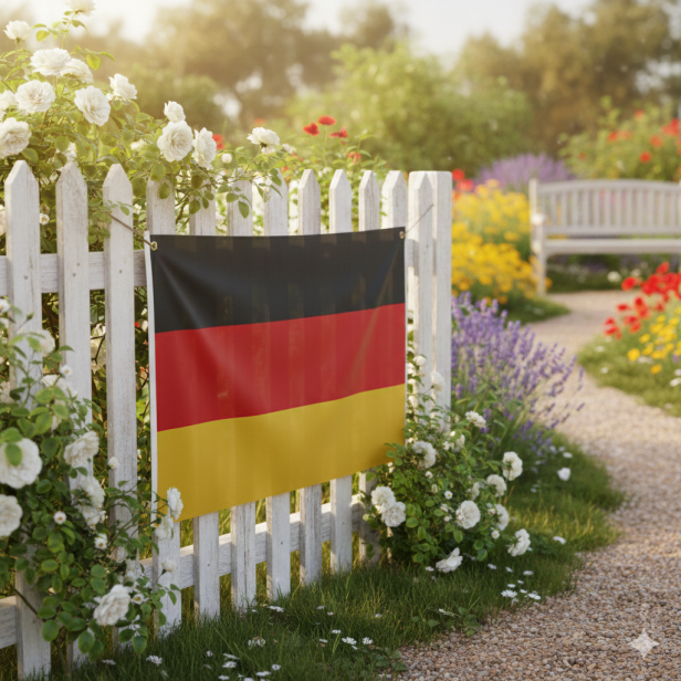 Flaga Niemiec na ogrodzeniu – dekoracyjna prezentacja w plenerze.