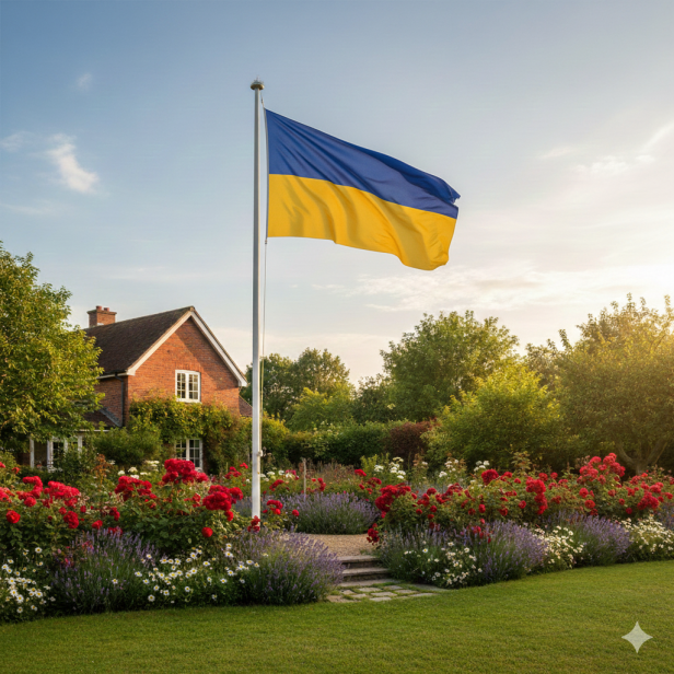 Flaga Ukrainy powiewająca na maszcie na tle zielonego parku – widok outdoor.