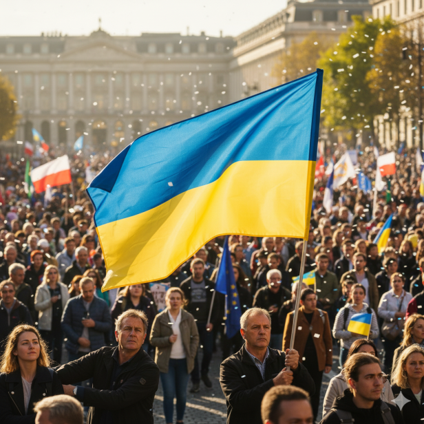 Flaga Ukrainy trzymana przez tłum – symbol jedności i solidarności.