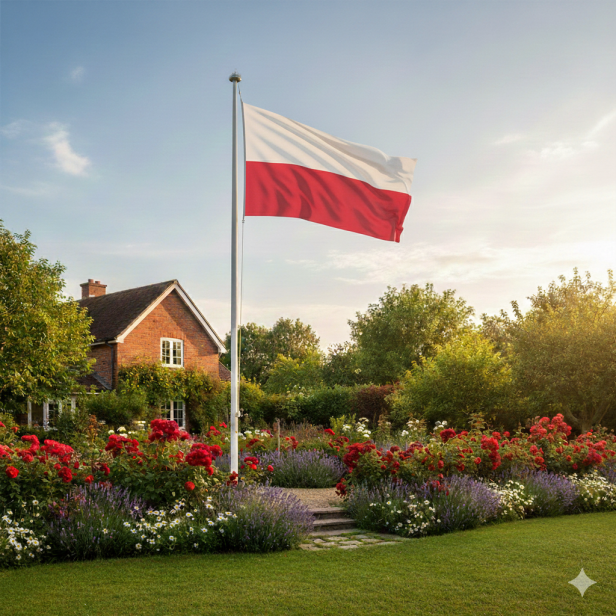 Flaga Polski powiewająca na maszcie w parku – ujęcie outdoor.