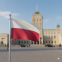 Flaga Polski na tle miejskiej architektury – dynamiczne ujęcie na wietrze.