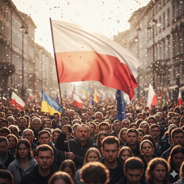 Flaga Polski trzymana przez tłum podczas wydarzenia – symbol jedności narodowej.