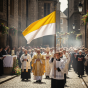 Flaga Papieska w tłumie podczas uroczystości religijnej – symbol wiary.
