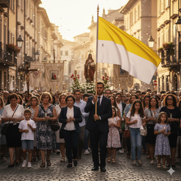 Flaga Papieska w tłumie podczas uroczystości religijnej – symbol wiary w aranżacji