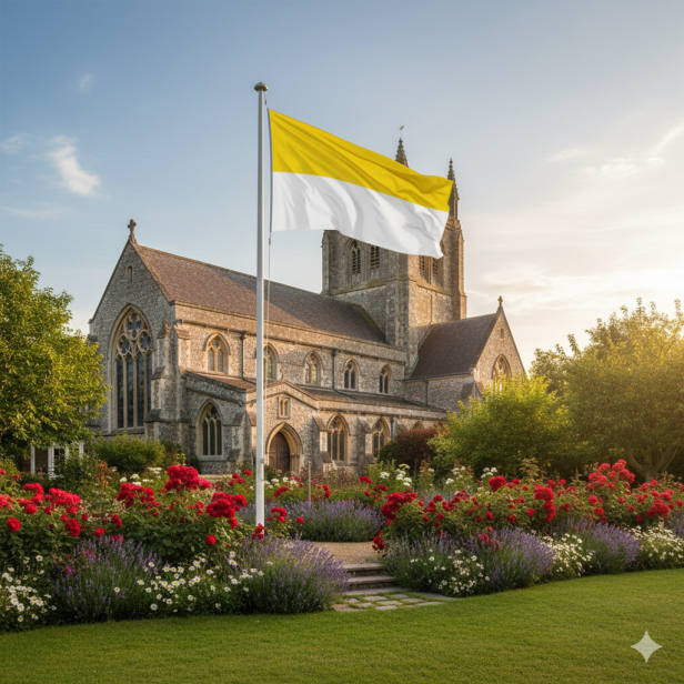 Flaga Papieska na maszcie przed klasycznym budynkiem – ekspozycja zewnętrzna.