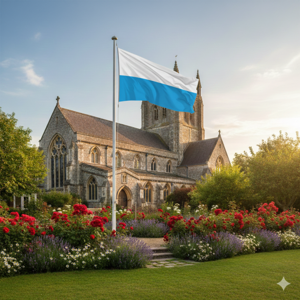 Flaga Maryjna na maszcie przy zabytkowym budynku – ekspozycja zewnętrzna.