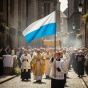 Flaga Maryjna w tłumie podczas procesji religijnej – symbol jedności modlitewnej.