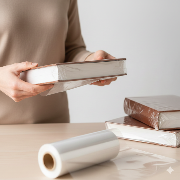 Zapakowana w celofan książka – elegancka prezentowa forma.